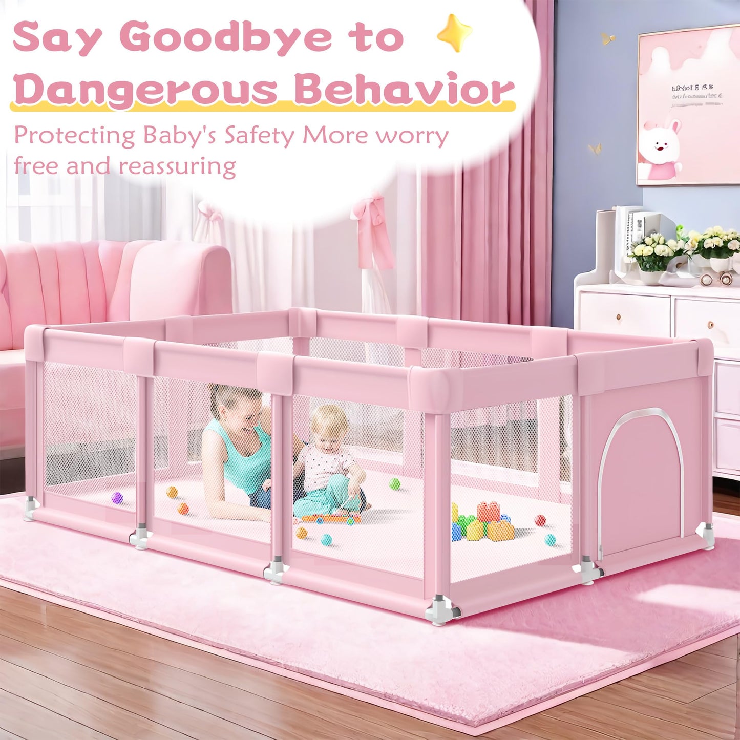 Pink Large Baby Playpen, Playpen 74X50 For Girl, Large Baby Play Yards Indoor & Outdoor, Sturdy Safety Baby Girls Play Pen With