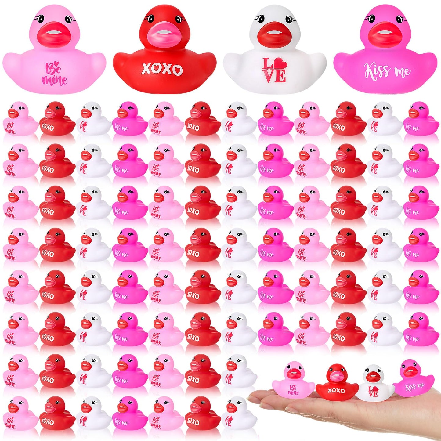 Jenaai 100 Pcs Valentines Day Bath Toys Ducks Assorted Pink Red White Mini Rubber Ducks Toy Bulk Small Tiny Ducky for Valentine