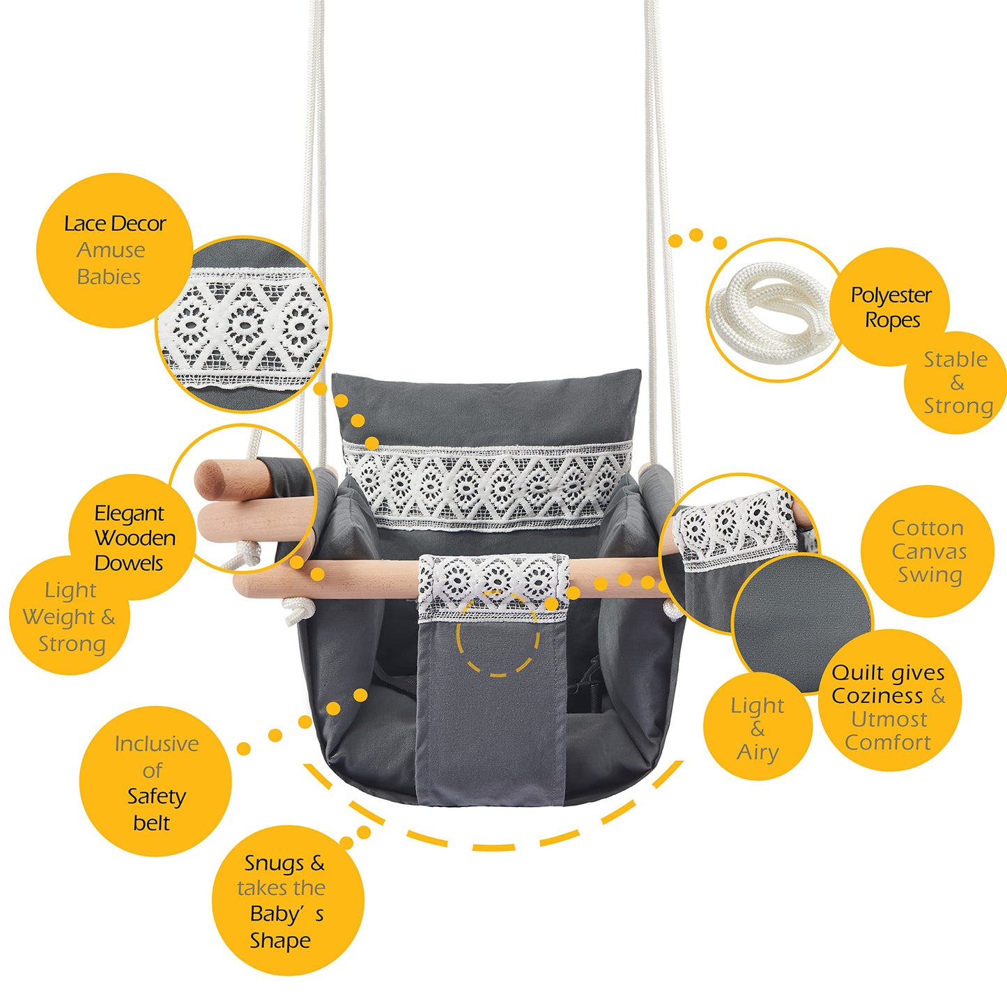 Secure Baby Swing Seat With Safety Belt - Baby Canvas And Wooden Swing Chair With Lace D  Cor Cushion - Hanging Indoor Swing For
