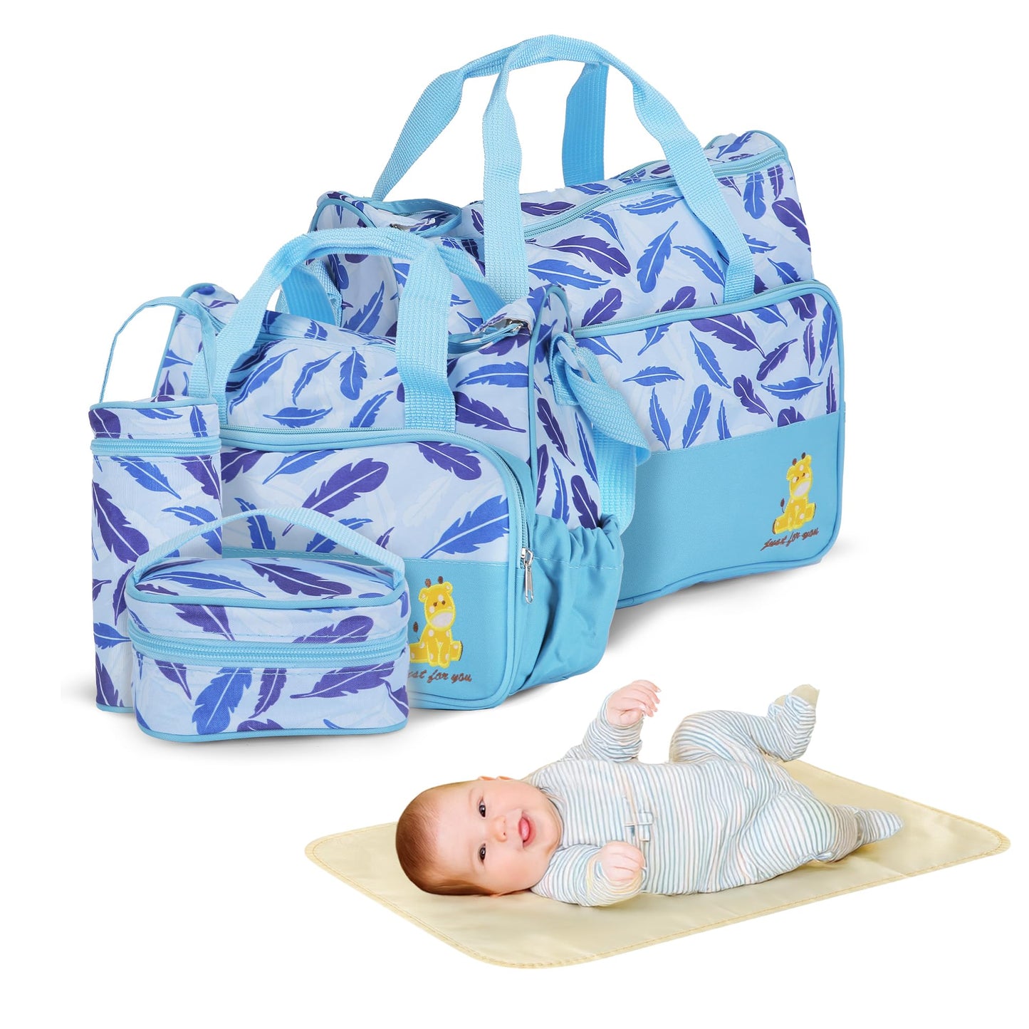 5PCS Baby Diaper Bag Set, Large Mummy Diaper Handbags with Changing Pad & Food Bag, Travel Girl/Boy Tote Bags for Mom Dad(LightB