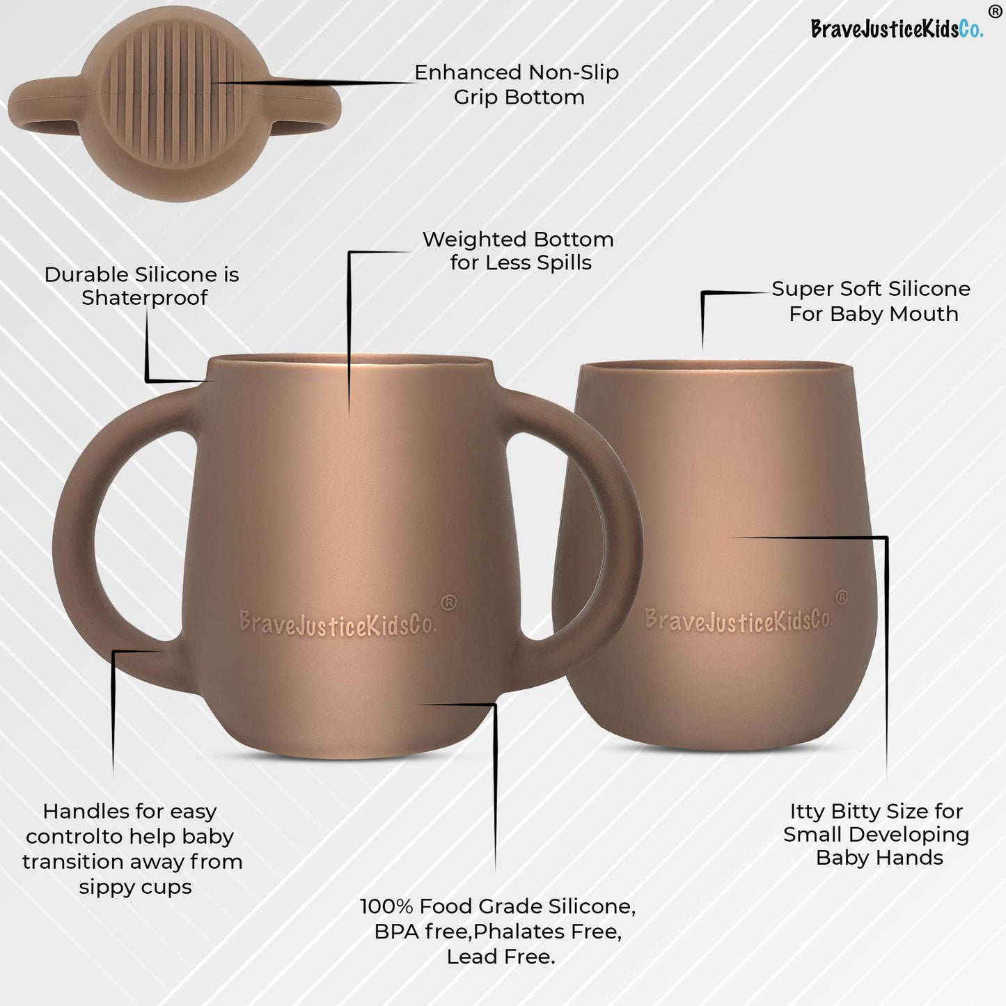 Bravejusticekidsco. | Teenie Tiny Silicone Developmental Baby-Led Weaning Drinking Cups (2 Pack) (Warm Taupe)