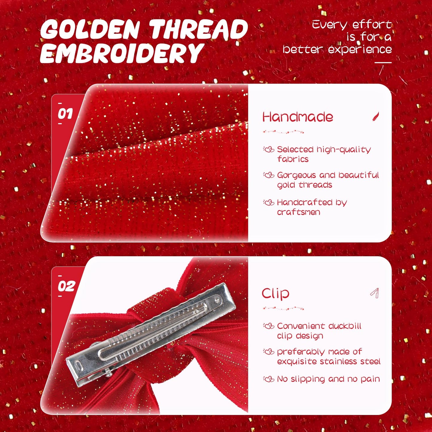 Yanjie Valentines Day Hair Bows Clips Red Hair Clips Valentines Alligator Barrettes Clips Red Velvet Ribbon Hair Accessories Gir