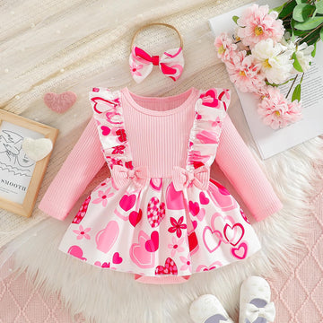 Wolbay Newborn Infant Valentines Baby Girl Outfit Love Print Romper Drees Ruffles Bodysuit Jumpsuit Clothes And Headband (Pink,