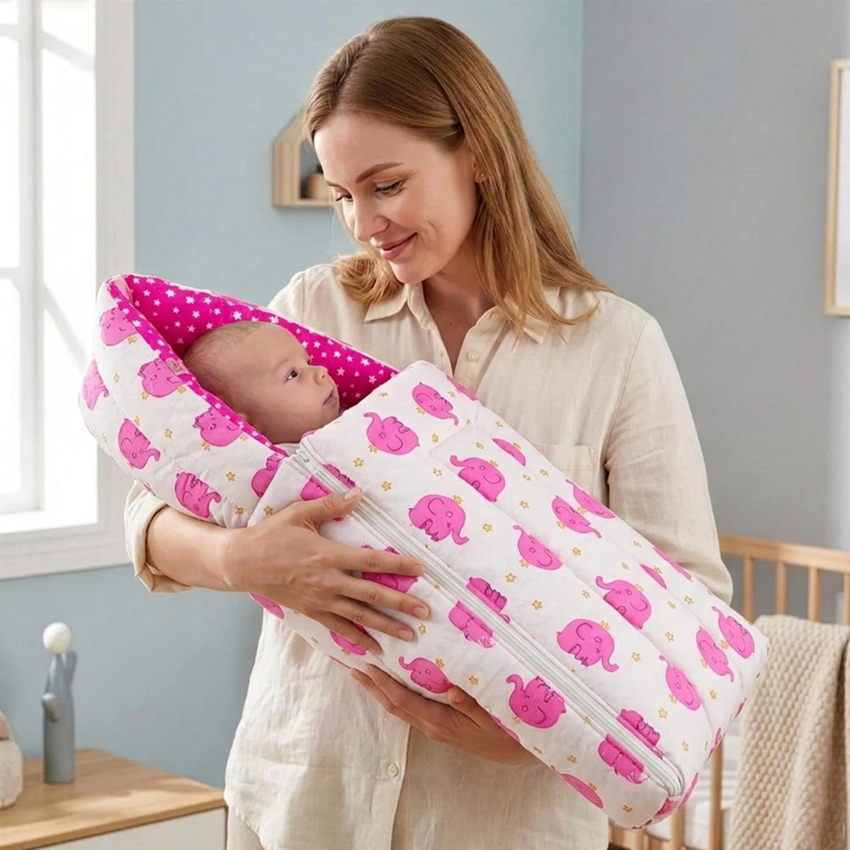Fareto 3 In 1 Baby Bed, Sleeping Bag & Carry Nest, Cotton Baby Bedding For New Born (06 Months, Pink Elephant), Lightweight