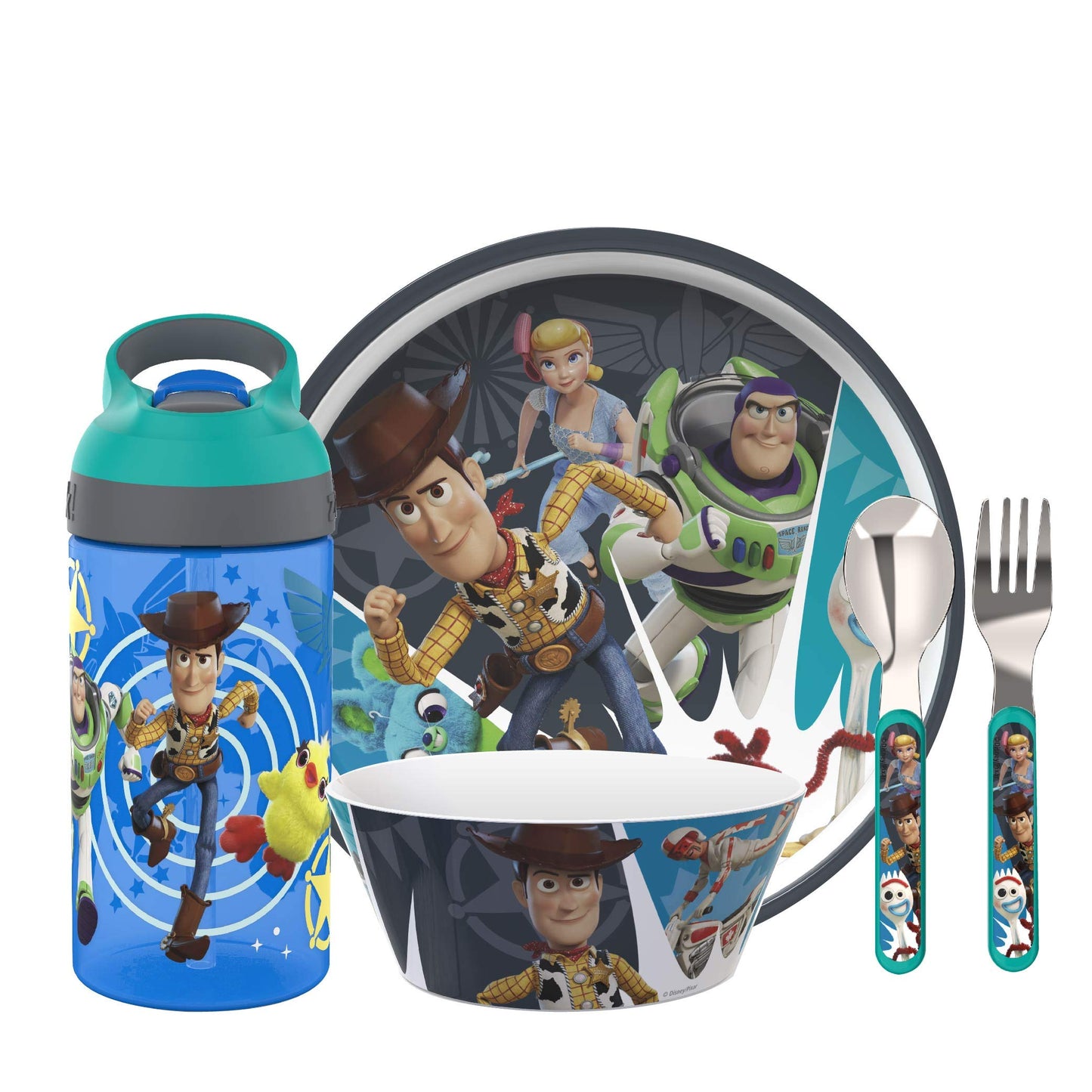 Zak Designs 5-Piece Dinnerware Set, Disney and Pixar Toy Story 4 - Durable Plastic & Stainless Steel - Includes Water Bottle, 8-