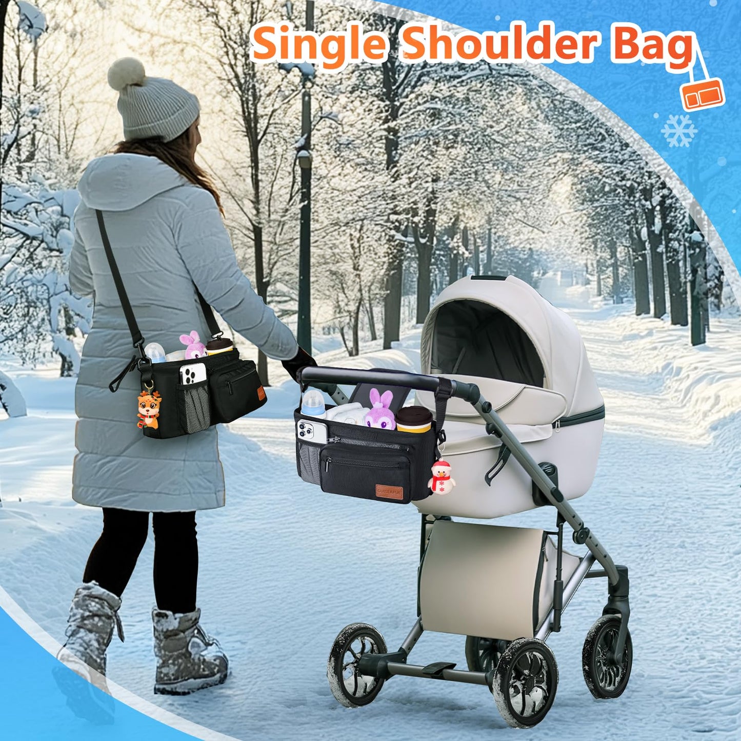 Guiseapue Universal Stroller Organizer With Cup Holder Detachable Phone Bag And Shoulder Strap, Stroller Caddy Fits For Stroller