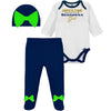 Nfl Seattle Seahawks 3 Pack Bodysuit Footed Pant And Cap Registry Gift Set, Blue/White Seattle Seahawks, 3-6M