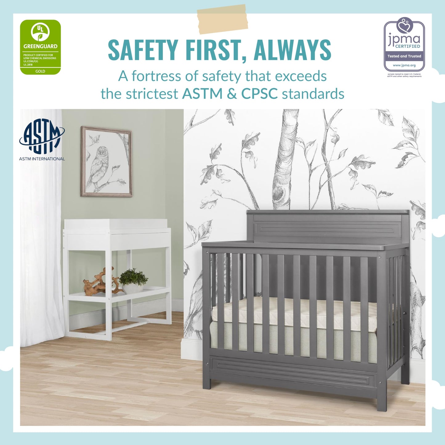 Dream On Me Harbor Full Panel 4-In-1 Convertible Mini Crib In Steel Grey, Water-Based Paint Finish, Jpma Certified, 3-Position M