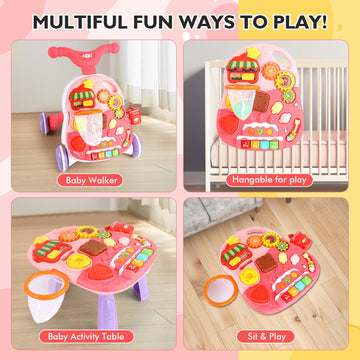 Eners Sit To Stand Baby Learning Walker With Wheels, 2 In 1 Baby Push Walkers And Activity Center For Baby Boy Girl (Pink)