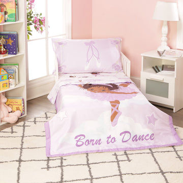 Everyday Kids 4 Piece Toddler Bedding Set - African American Ballerina - Includes Comforter, Flat Sheet, Fitted Sheet And Revers