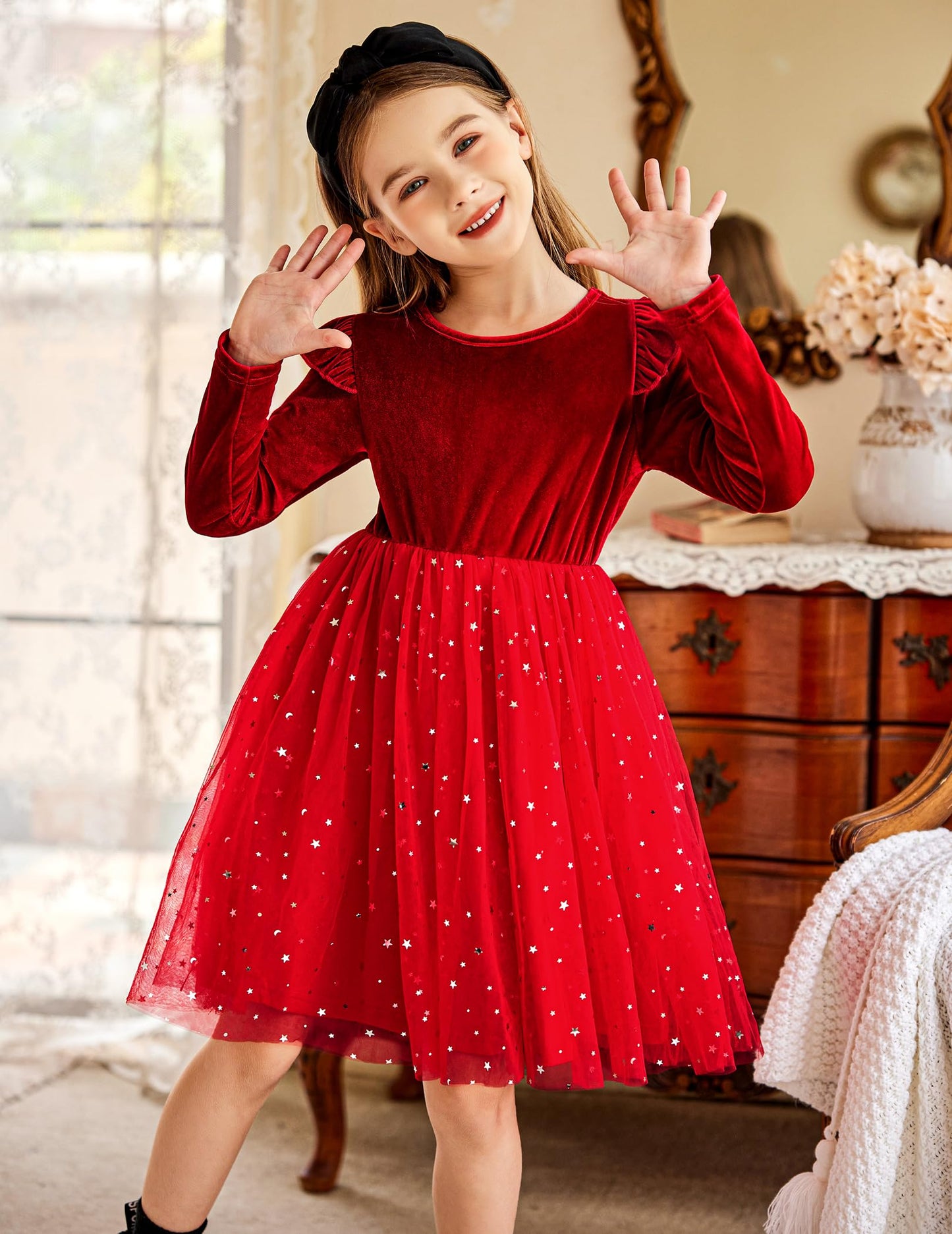 Arshiner Girls Christmas Dress Velvet Tutu Long Sleeve Winter Holiday Valentines Outfit Red Size 7