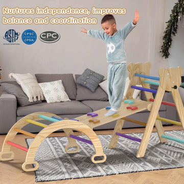 7 In 1 Montessori Pikler Triangle Set, Foldable Wooden Pickler-3 Piece Baby Climbing Gym Toddler Climbing Toys Indoor With Arch,