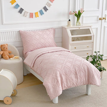4 Pieces Tufted Toddler Bedding Set Light Pink Jacquard Tufts, Soft And Embroidery Shabby Chic Boho Bohemian Design For Baby Gir