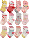 Rative Non Skid Anti Slip Cotton Dress Crew Socks With Grips For Baby Infant Toddler Kids Girls (1-3T, 12-Pairs/Rg-820726)