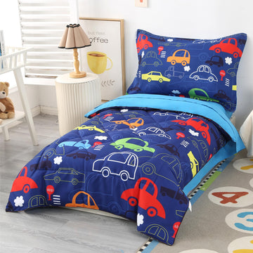 Wowelife Car Toddler Bedding Sets For Boys 4 Piece Blue Vehicle Toddler Bed Sheet Sets Bed-In-A-Bag Comforter Set For Kids Boys