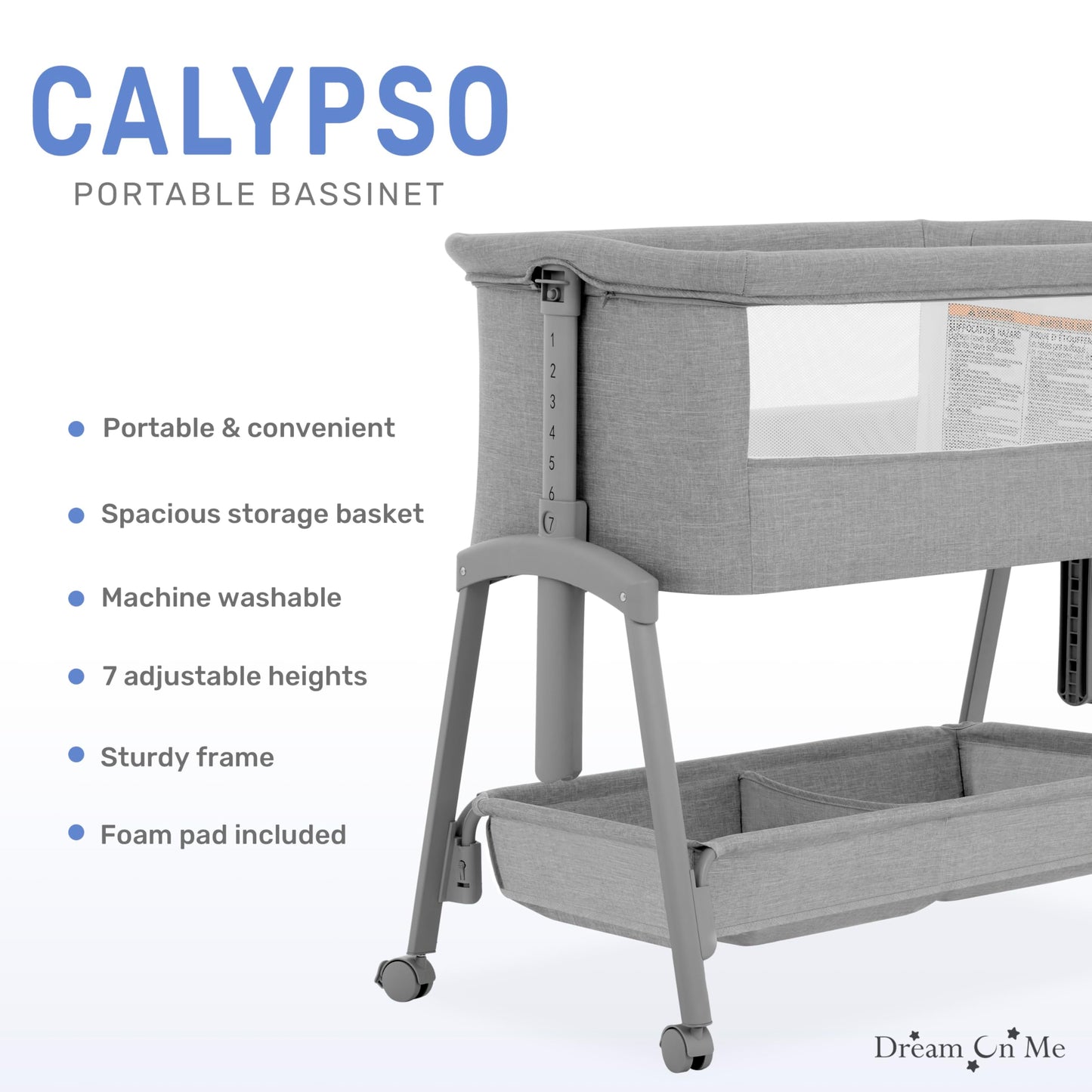 Dream On Me Calypso Portable Bassinet With Wheels In Grey, Quick & Easy Folding, Seven Adjustable Height, Machine Washable Fabri
