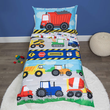 Baby Boom Funhouse Construction Area 4 Piece Toddler Bedding Set, Trucks - Includes Comforter, Sheet Set - Fitted + Top Sheet +