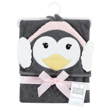 Hudson Baby Unisex Baby Cotton Animal Face Hooded Towel, Earmuff Penguin, One Size