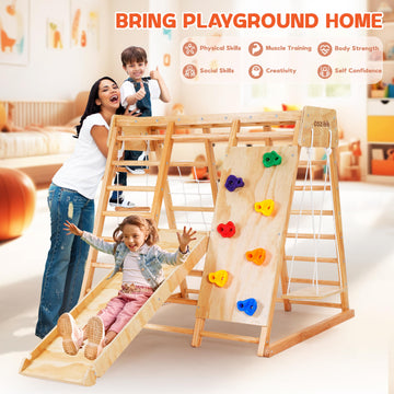 Cozibb Indoor Jungle Gym For Kids, 7-In-1 Toddler Indoor Playground With Slide, Swing And Climbing Rock, Wooden Montessori Climb