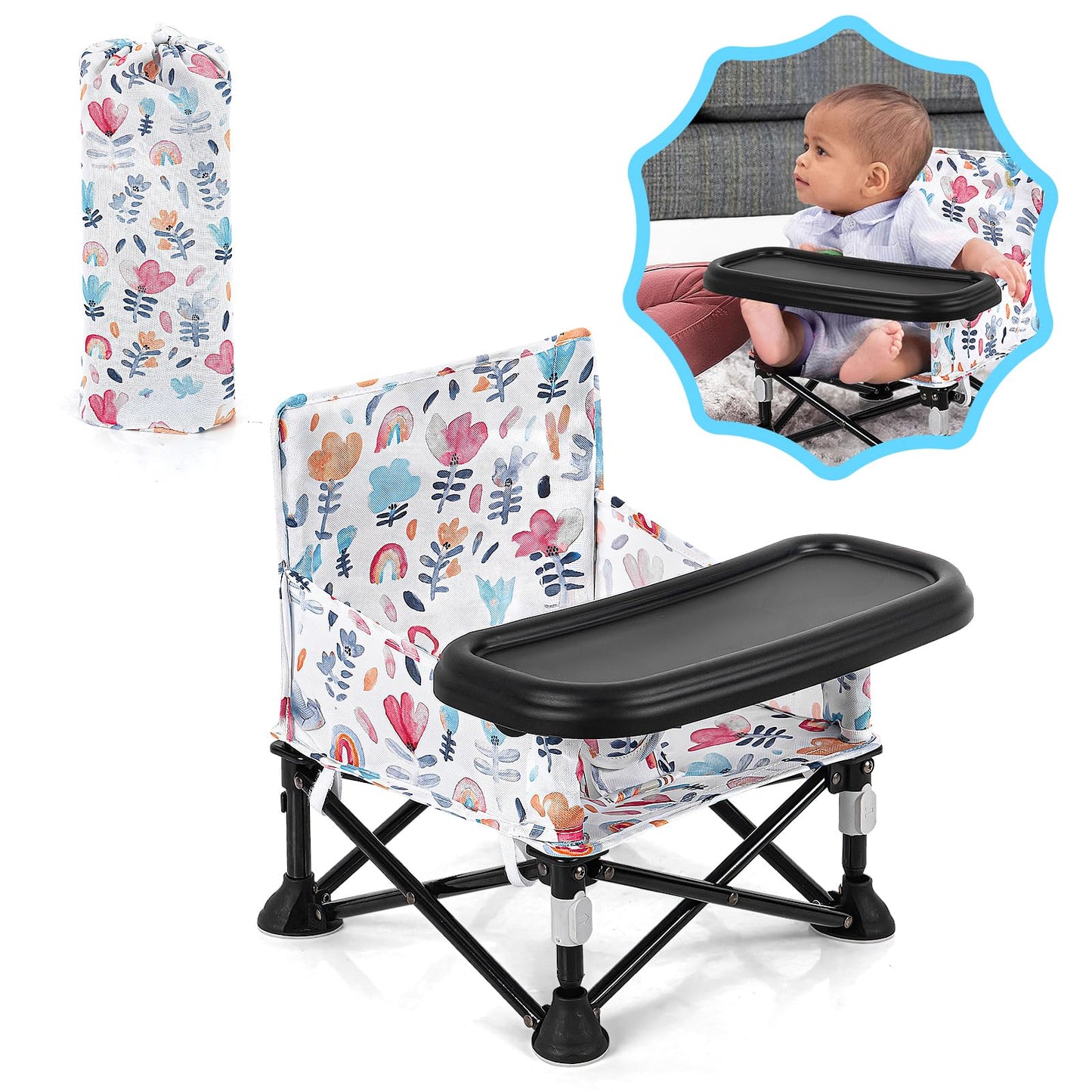 Toddler Booster Seat for Dining Table & Kitchen Chair - Portable Foldable with Removable Tray, Baby Camping Chair 6-36 Months In