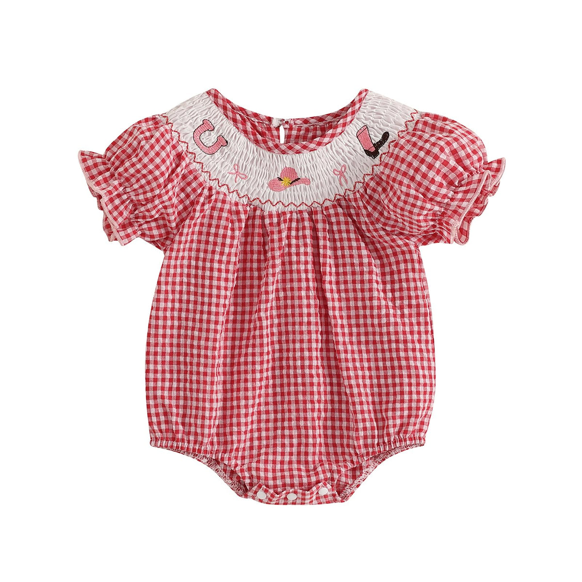 Licupiee Baby Girl Smocked Western Romper Short Sleeve Bubble Rompers Summer Clothes Plaid Print Embroidery Bow Bodysuit Tops, R