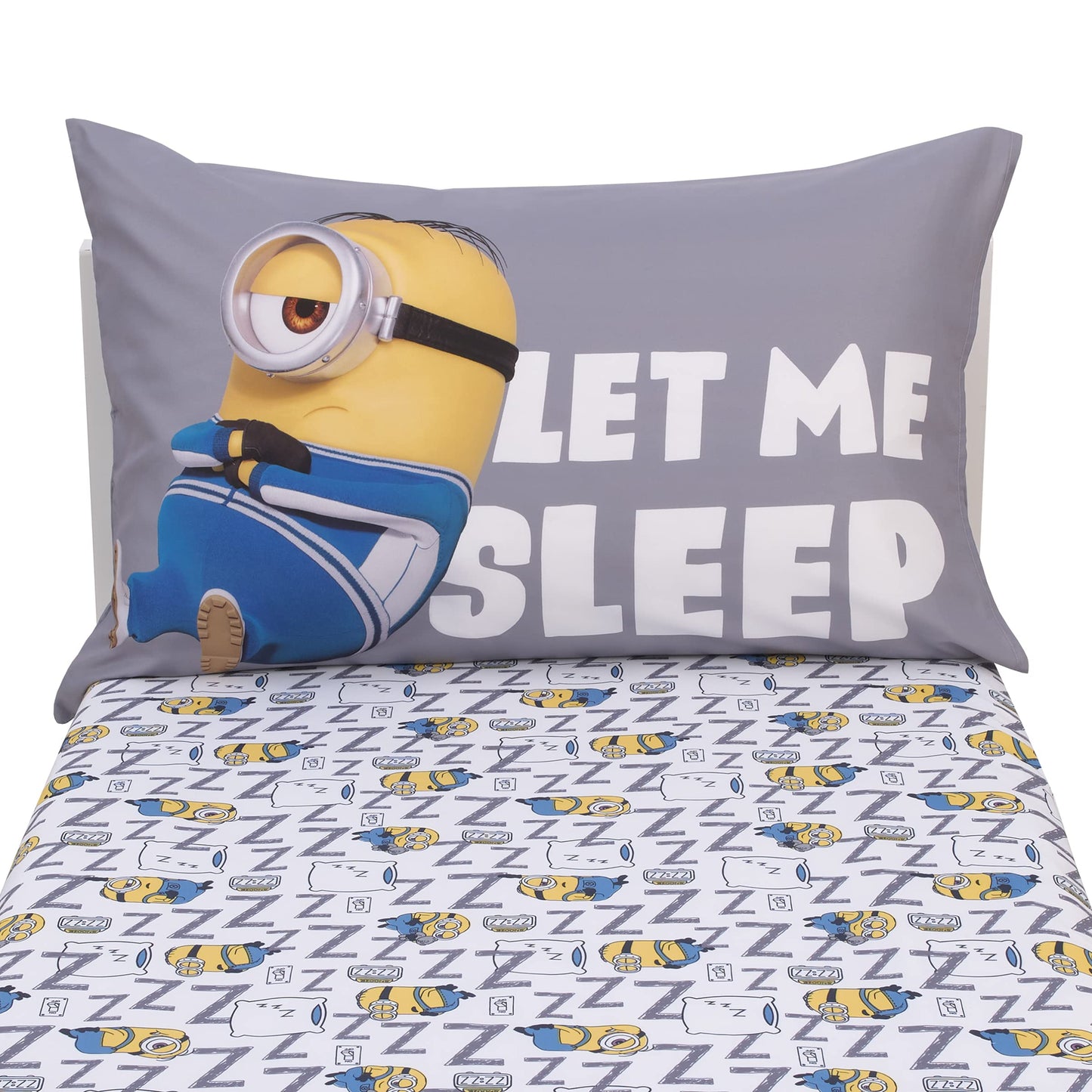 Illumination Lazy Minions Club Gray, Blue, Yellow, And White Let Me Sleep 2 Piece Toddler Sheet Set - Fitted Bottom Sheet, Rever