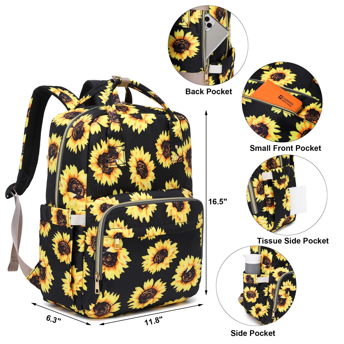 Kouxunt Sunflower Diaper Bag Backpack For Baby Girls Boys, Waterproof Maternity Nappy Backpacks With Stroller Straps Luggage Str