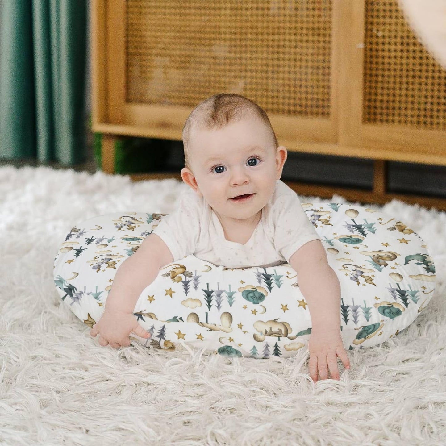 Hawskgfub Watercolor Cute Dragon Fairy Tale Nursing Pillow Cover For Baby Boys, Cloud Moon Star Dragons Egg Breastfeeding Pillow