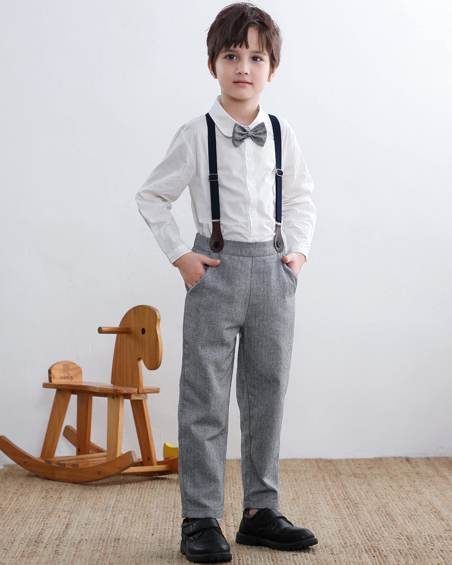 Sangtree Baby Boys Clothes, Long Sleeve Button Down Dress Shirt With Bowtie + Suspender Pants For Boy, 7# White, Tag 120 = 3-4 Y