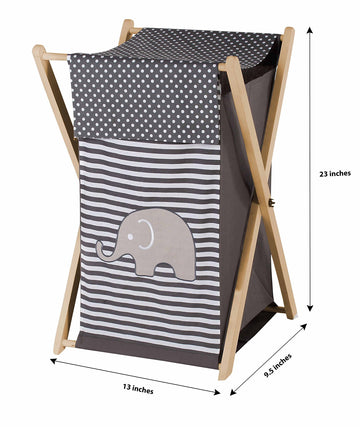 Bacati Elephants Unisex Hamper Cover With Natural Finish Wood Frame And Mesh Liner, Grey