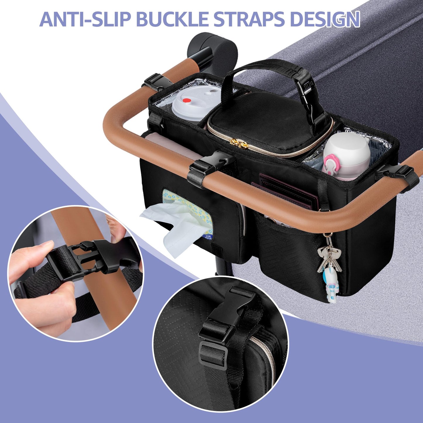 Prokva Parent Console Stroller Organizer Compatible With Wonderfold W2&W4&X, Wagon Stroller Caddy With 2 Insulated Cup Holders,