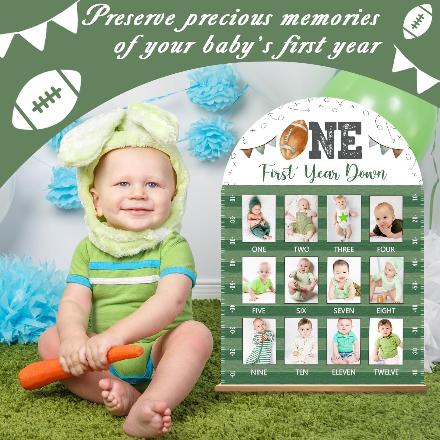 Football First Year Photo Board First Year Down Birthday Party Decorations Wooden Board 12 Monthly Milestone Picture Frame Sport