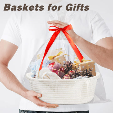 Yeeeasy Small Woven Basket With Gift Bags And Ribbons Cute Baskets For Gifts Empty Small Rope Toy Basket For Babies White Basket