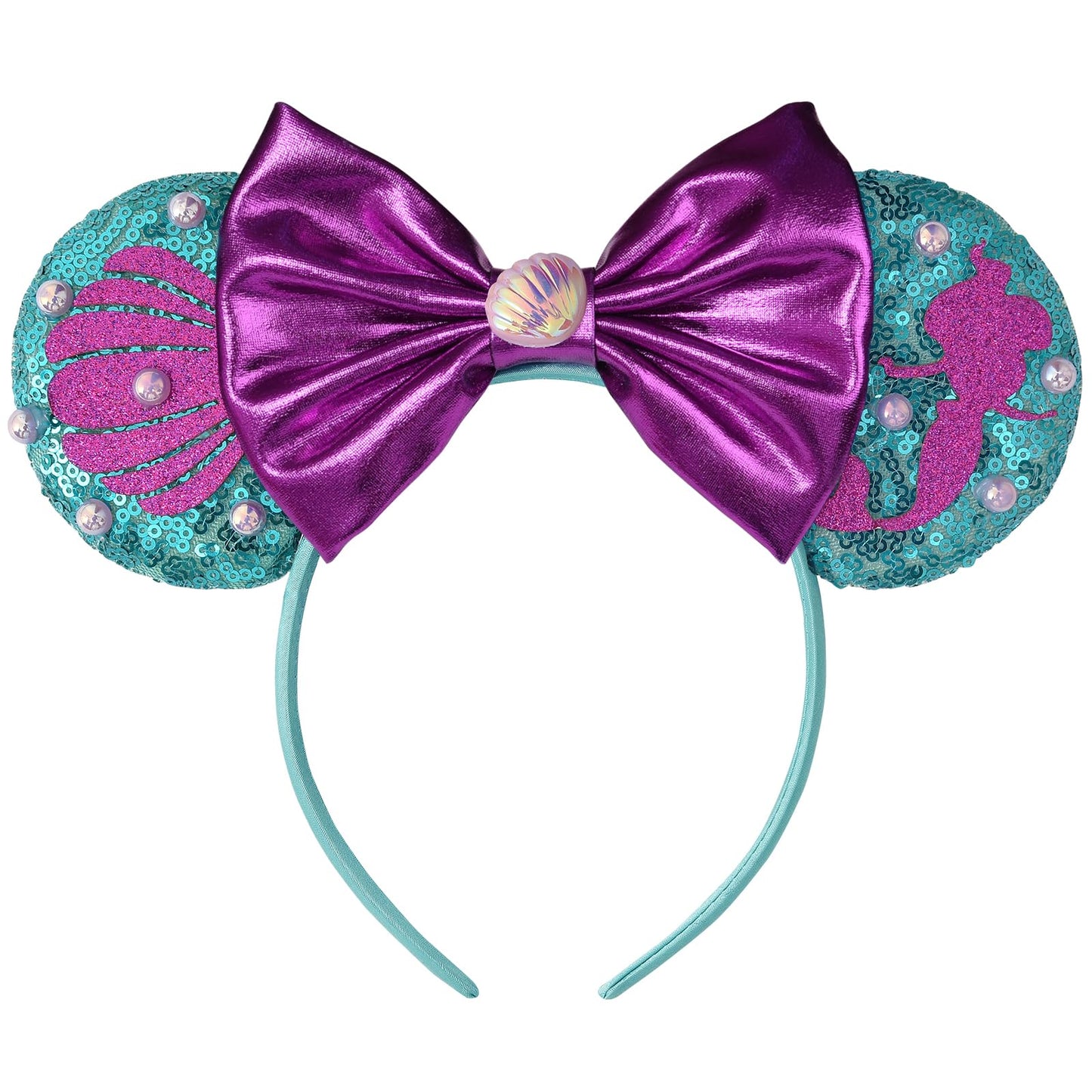 Eisyaa Mouse Ears Bow Headbands, Sequin Ariel Little Mermaid Minnie Ears Hairdband Princess Party Costume Cosplay Headband (Arie
