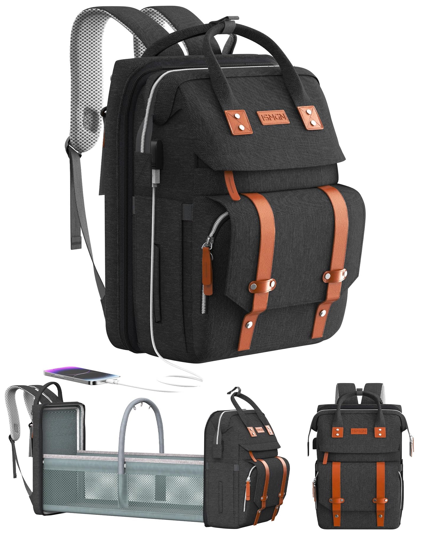 ISMGN Diaper Bag Backpack with Changing Station, Large Diaper Bag, Baby Bag, Multifunctional Diaper Bag, Black