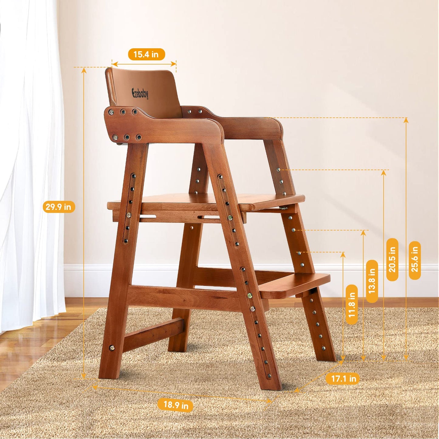 Ezebaby Wooden High Chair For Toddlers To Teens, Adjustable Kids Study Chair With Steps, Kids Dining Chair With Removable Cushio