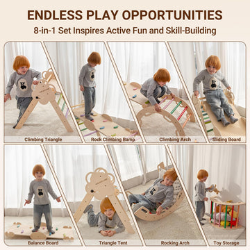 Cosyland Pikler Triangle Set - 8 In 1 Large Montessori Climbing Toys For Indoor - Wooden Foldable Jungle Gym For Toddler & Baby,