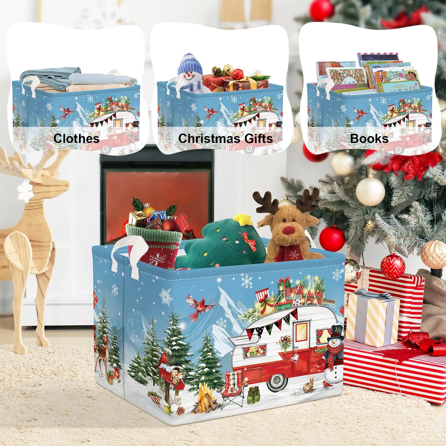 Clastyle Camping Caravan Christmas Gift Basket Winter Outdoor Deer Red Bird Snowman Storage Bin Snowflake Xmas Tree Kid Clothes