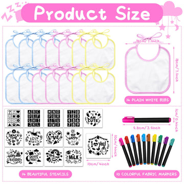 Jutom 38 Pcs Diy Baby Bibs Decorating Kit 14 Bibs 14 Stencils 10 Fabric Markers 2 Ply Feeder Bibs Design Bib For Shower Games (M