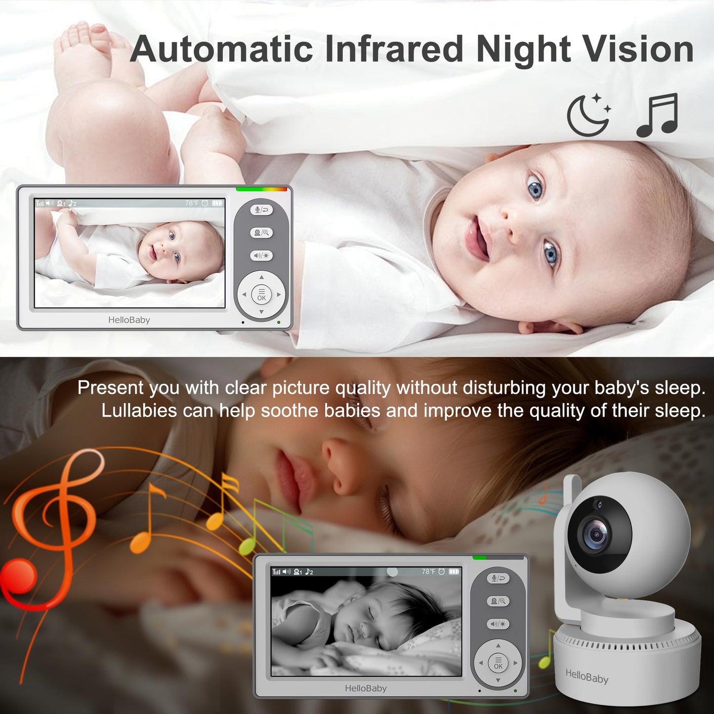 Hellobaby 4.3'' Video Baby Monitor With 30 Hours Battery, Remote Pan-Tilt-Zoom Baby Monitor No Wifi, Baby Monitor With Camera An