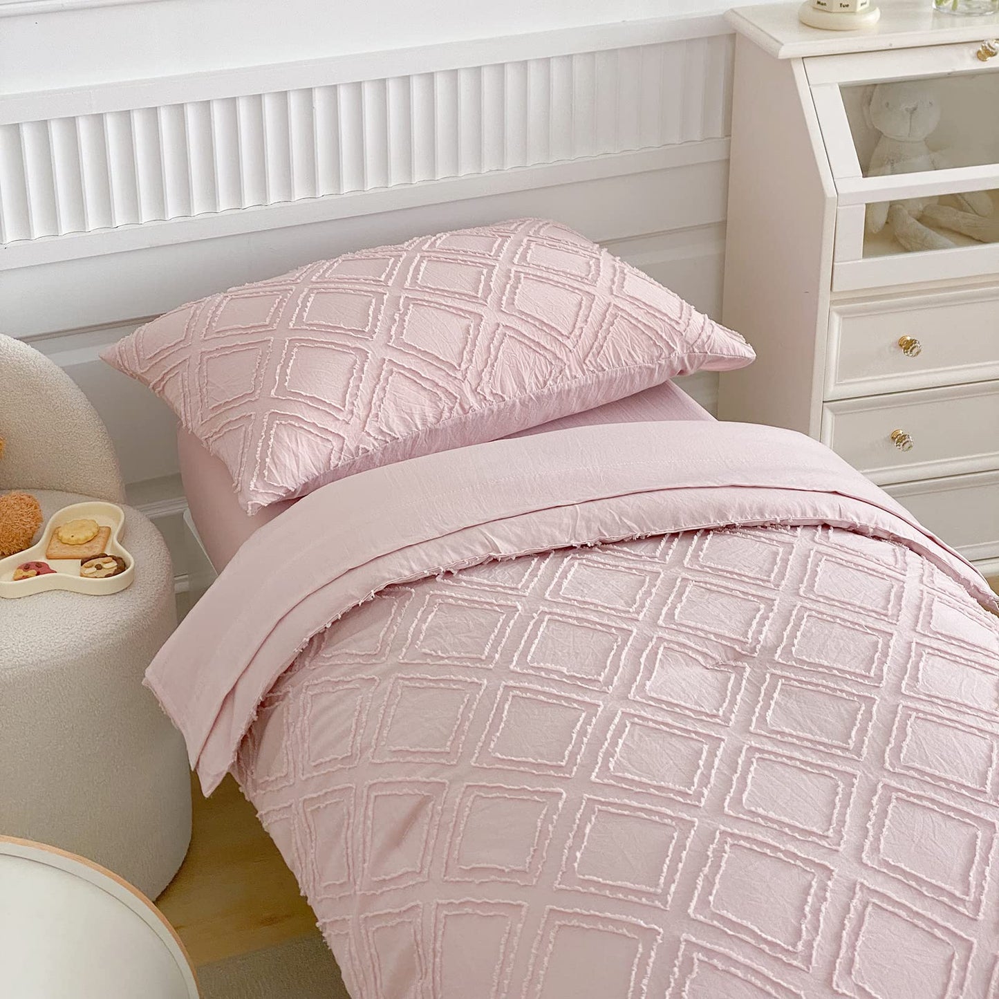 4 Pieces Tufted Toddler Bedding Set Light Pink Jacquard Tufts, Soft And Embroidery Shabby Chic Boho Bohemian Design For Baby Gir