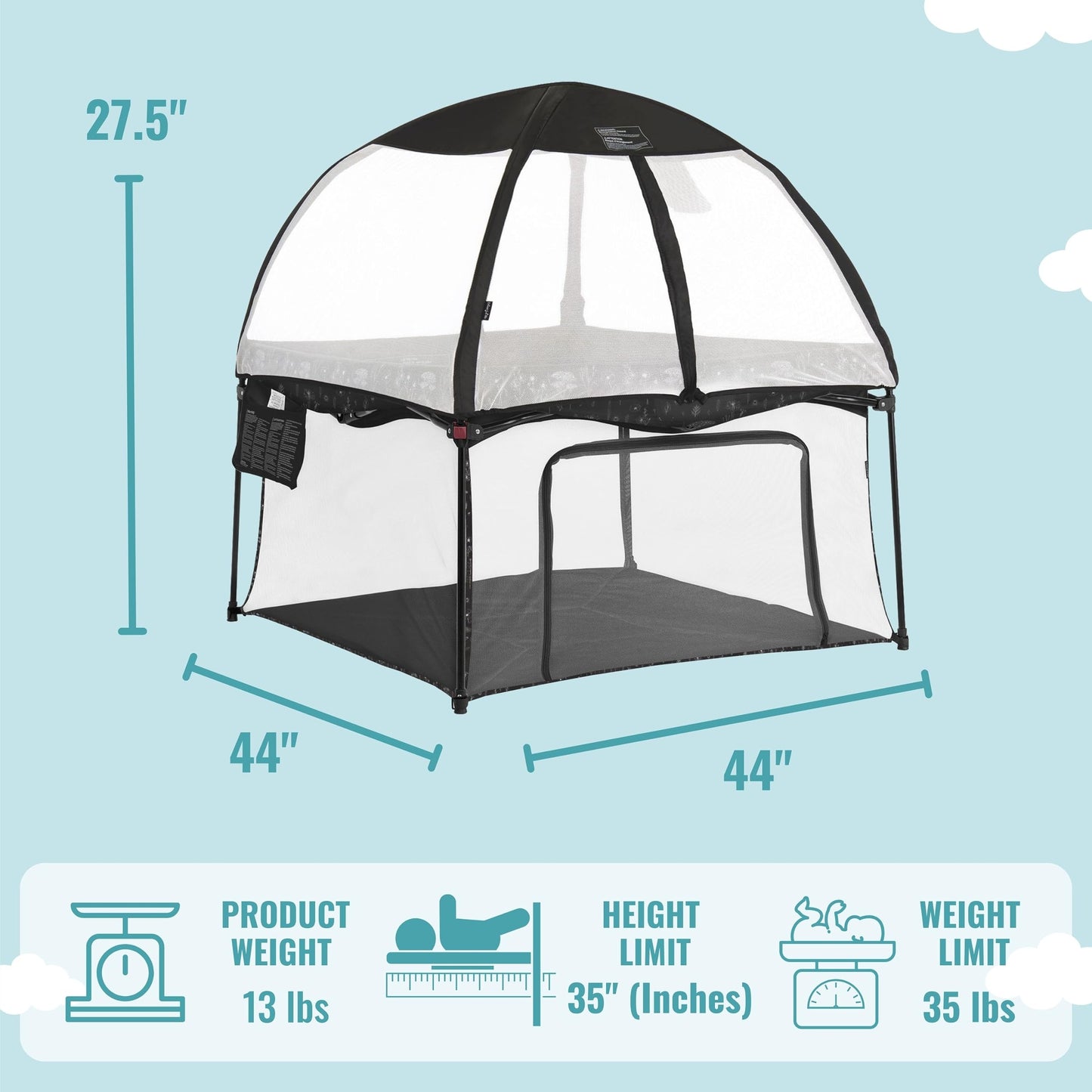 Dream On Me Ziggy Square Playpen With Canopy | Baby Playpen | Portable And Lightweight | Playpen For Babies And Toddler | Black