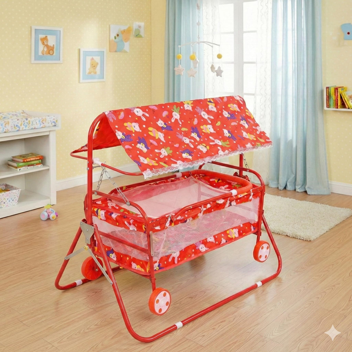 Avani Metrobuzz Small Baby Cradle With Wheels, Foldable Design With Canopy For For 06 Months Baby Boys And Girls (Medium_Red)