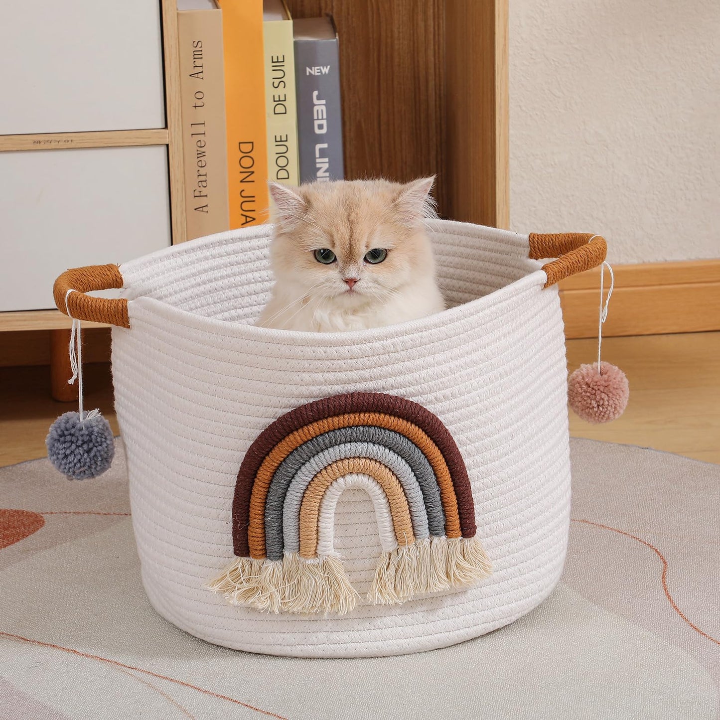 Toy Storage Baskets For Kids Cotton Rope Basket With 3D Rainbow Decor, Blanket Basket For Living Room Toys Organizer Woven Baby