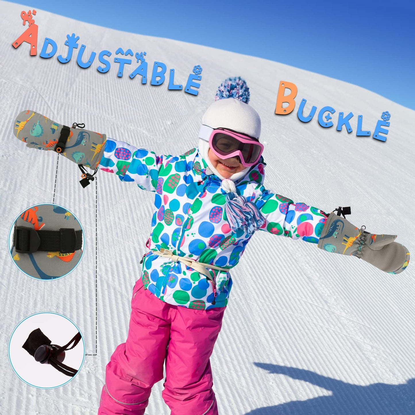 Winter Kids Waterproof Gloves For Boys Girls Snow Ski Toddler Baby Mittens Outdoor For Infant Teens 1-5T (N-Grey Orange Dinosaur