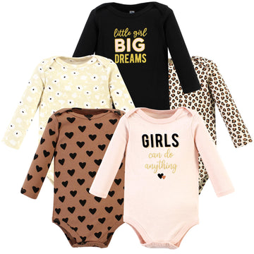 Hudson Baby Unisex Baby Cotton Long-Sleeve Bodysuits, Cinnamon Hearts 5 Pack, 6-9 Months