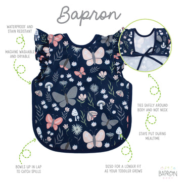 Bapronbaby Flutter Butterfly Garden Bapron - No Neck Tie Safer Bib For Baby & Toddler - Soft Waterproof Stain Resistant - Machin