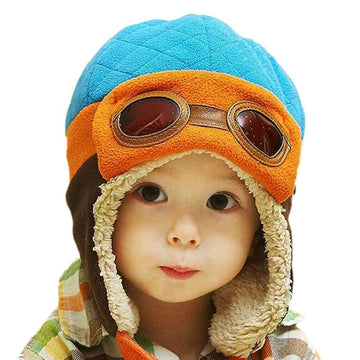 Kafeimali Baby Boys Girls Crochet Earflap Winter Warm Caps Beanie Pilot Aviator Cartoon Hats (Blue)