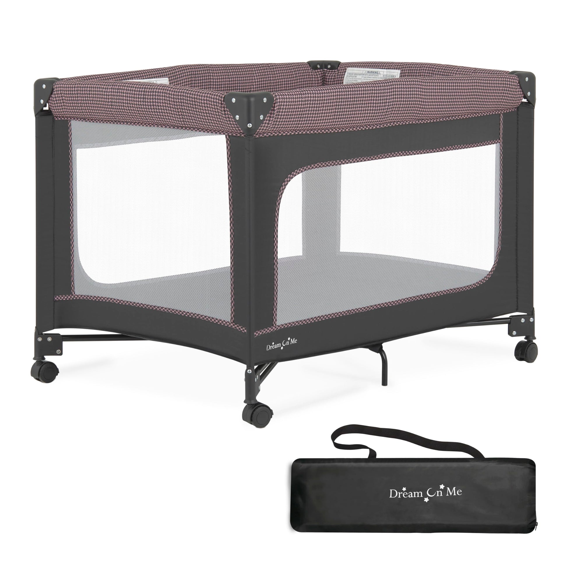 Dream On Me Ezgo Portable Playard In Pink & Black, Compact Easy To Fold And Travel Baby Playard, Breathable Mesh Sides, Carry Ba