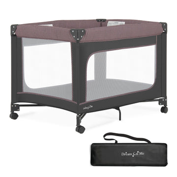 Dream On Me Ezgo Portable Playard In Pink & Black, Compact Easy To Fold And Travel Baby Playard, Breathable Mesh Sides, Carry Ba
